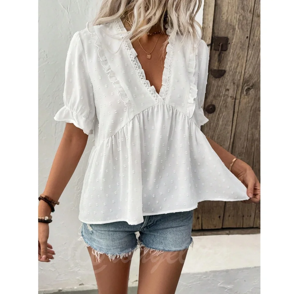 White Swiss Dot Babydoll V-Neck Short Puff Sleeve Top Shirt Frill Ruffle Trim - Picture 3 of 9